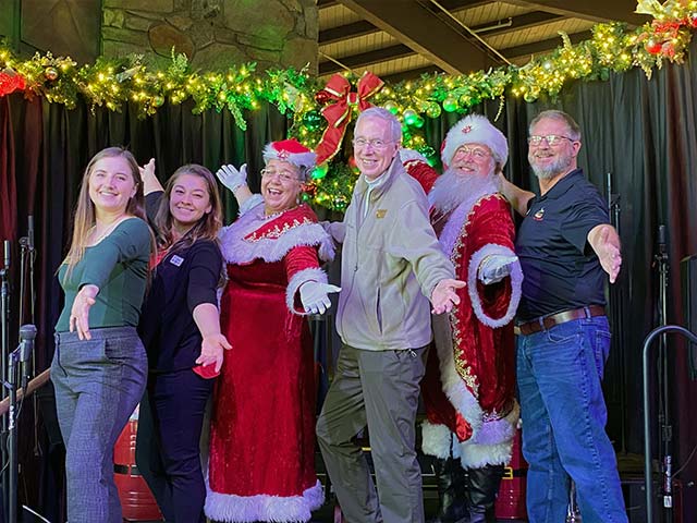 People celebrating Christmas at the tram